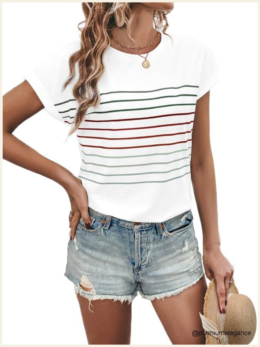 Summer Top Short Dolman Sleeve Crew Neck Striped Shirt Spring Vacation Tee